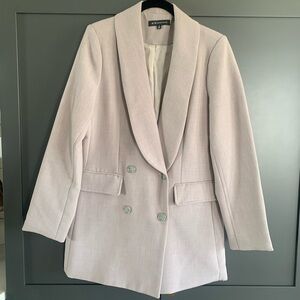 Gibsonlook taupe/gray women’s double breasted long length blazer.